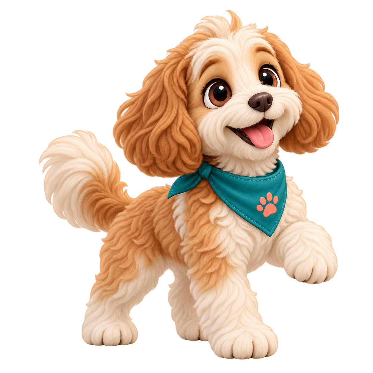 The GROOMing Shop’s cheerful dog mascot wearing a teal bandana